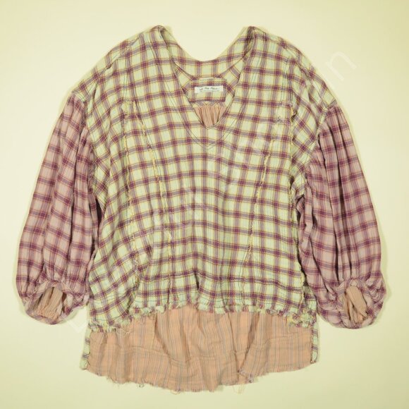 Free People Blouse Womens S Cream Oversized Solstice Plaid Top - Picture 3 of 9